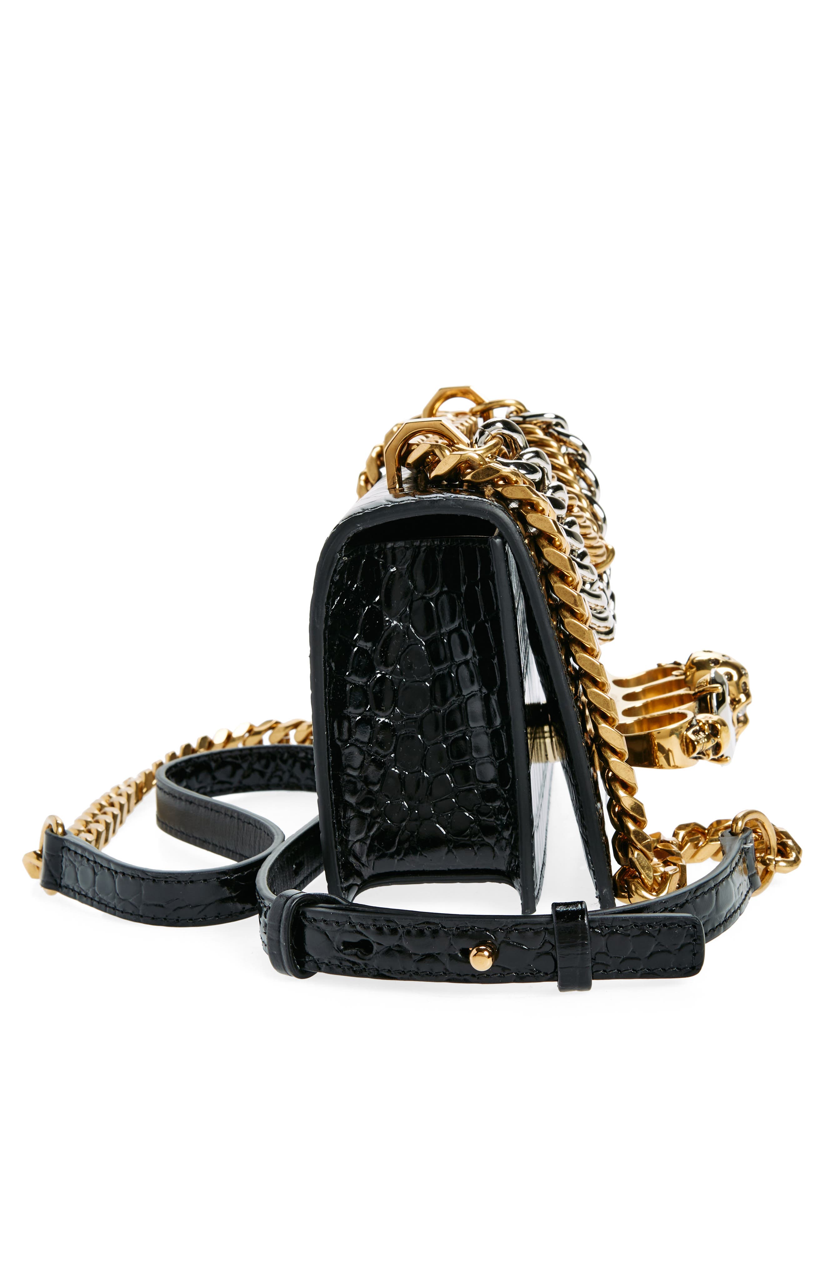 McQueen Mini Jeweled Croc Embossed Leather Satchel, Alternate, color, 