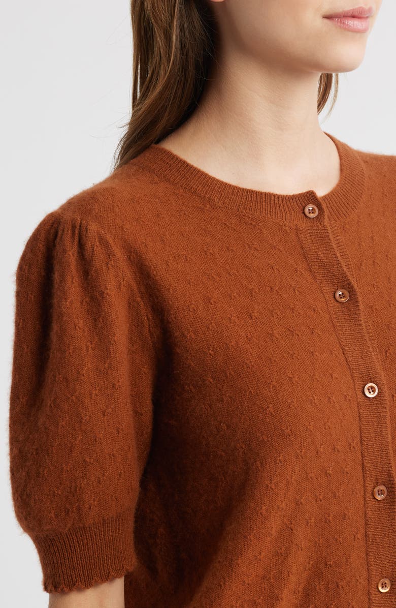 FRAME The Cashmere Pointelle Puff Sleeve Cardigan, Alternate, color, Chestnut