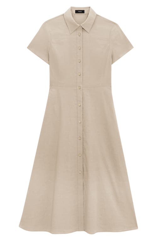 Theory Good Linen Short-sleeve Button-front Midi Shirt Dress In Soft Taupe