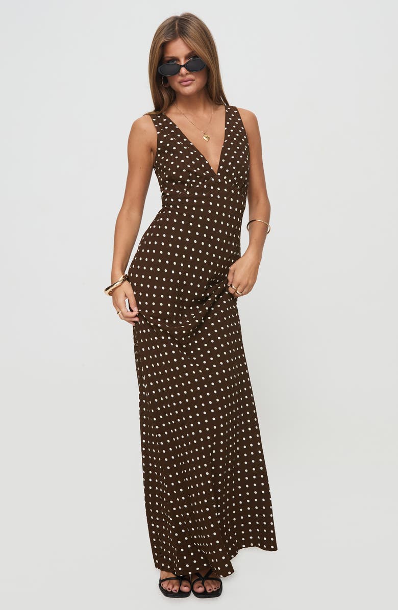 Princess Polly Nellie Polka Dot Maxi Dress, Alternate, color, Brown Polka Dot