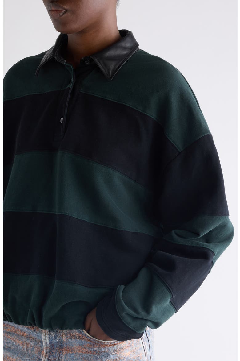 Striped Organic Cotton Fleece Polo Sweatshirt, Alternate, color, FOREST GREEN/ BLACK