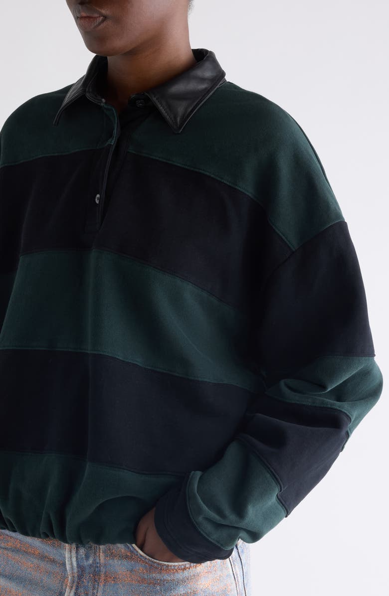 Acne Studios Striped Organic Cotton Fleece Polo Sweatshirt, Alternate, color, Forest Green/ Black