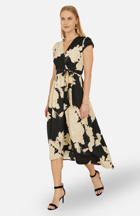 Blossom Print Dipped Hem Wrap Midi Dress