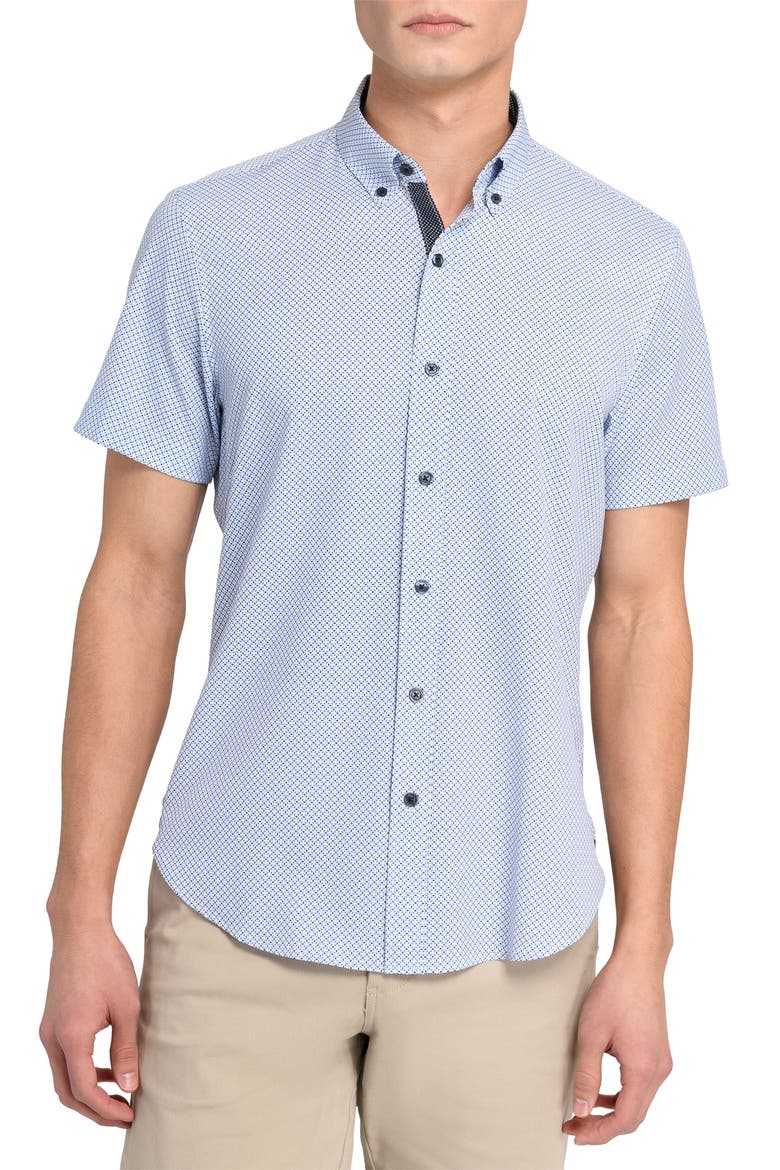 Slim Fit 4-Way Stretch Short Sleeve Button-Up Shirt, Main, color, WHITE/ BLUE