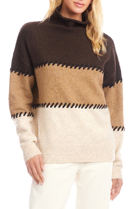 Colorblock Whipstitch Turtleneck Sweater