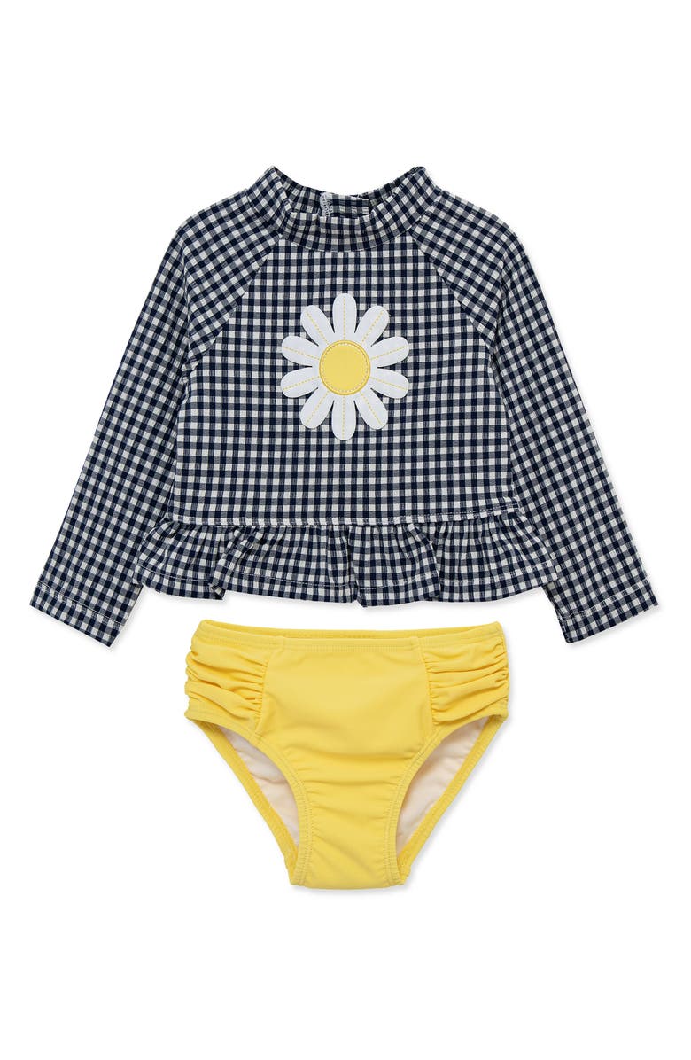 Little Me Gingham Daisy UPF 50+ Rashguard Top & Bikini Bottoms Set, Main, color, Blue