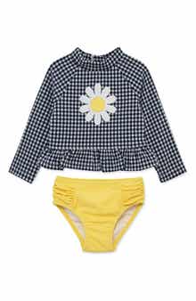 Little Me Gingham Daisy UPF 50+ Rashguard Top & Bikini Bottoms Set