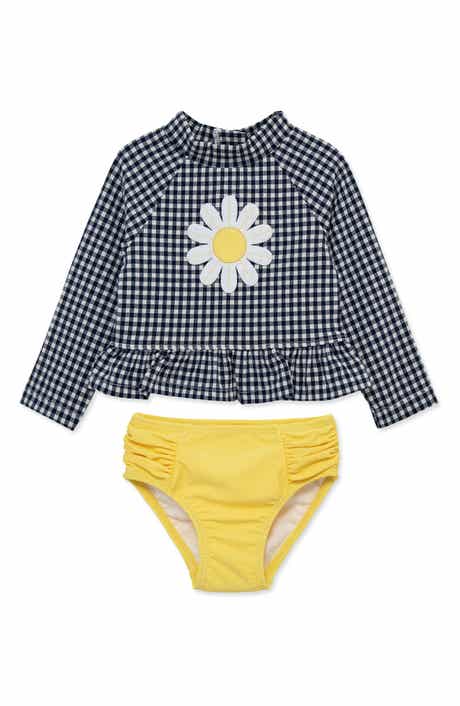 Little Me Gingham Daisy UPF 50+ Rashguard Top & Bikini Bottoms Set