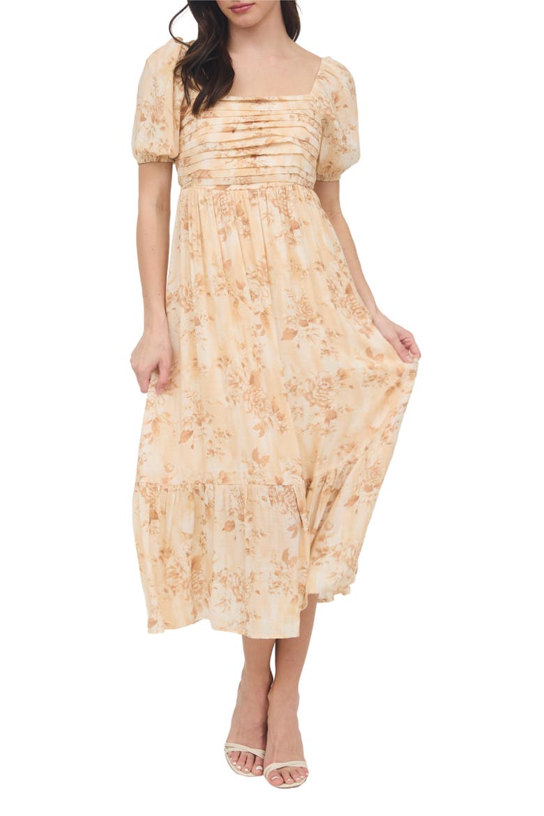 Puff Sleeve Midi Dress, Alternate, color, APRICOT MULTI