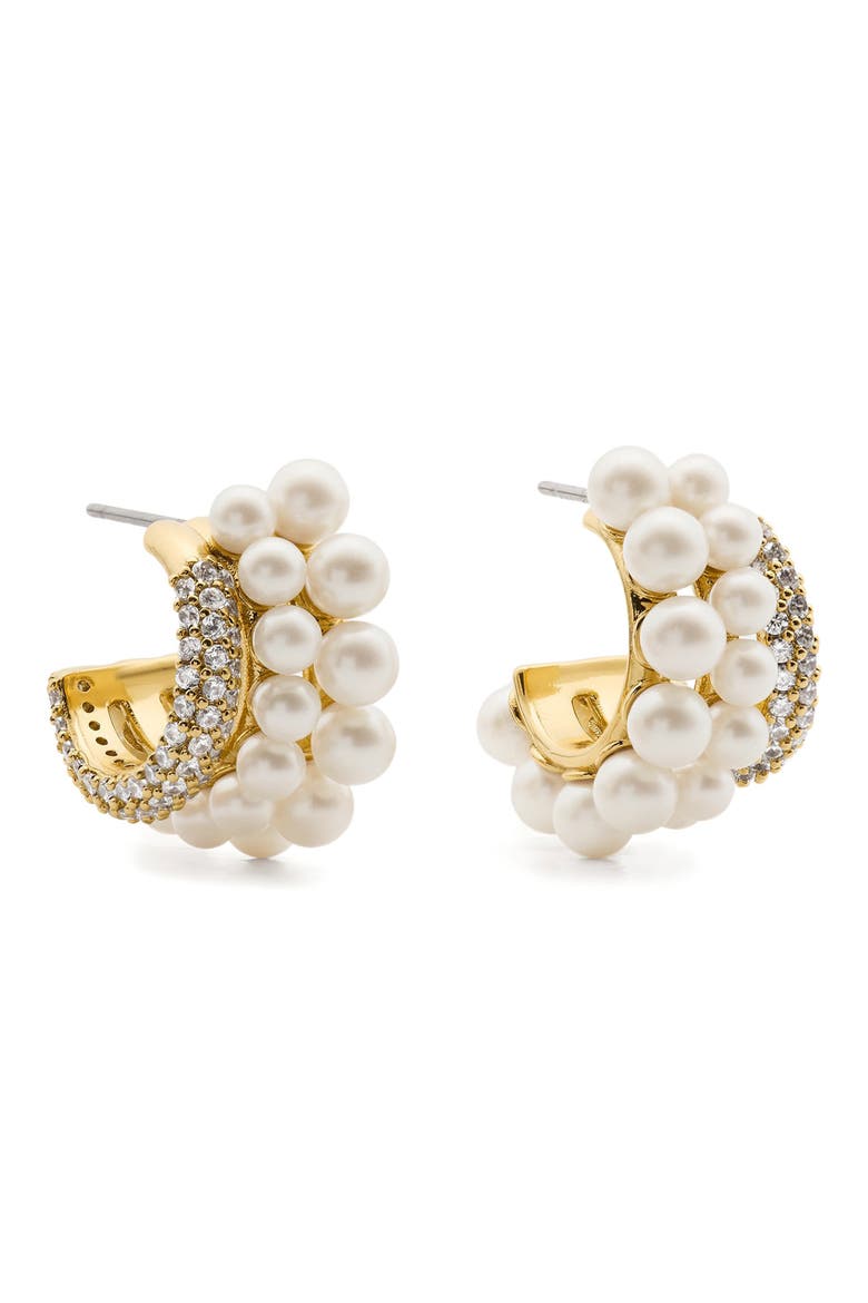 faux pearl stacked huggie hoop earrings, Main, color, CREAM/ GOLD