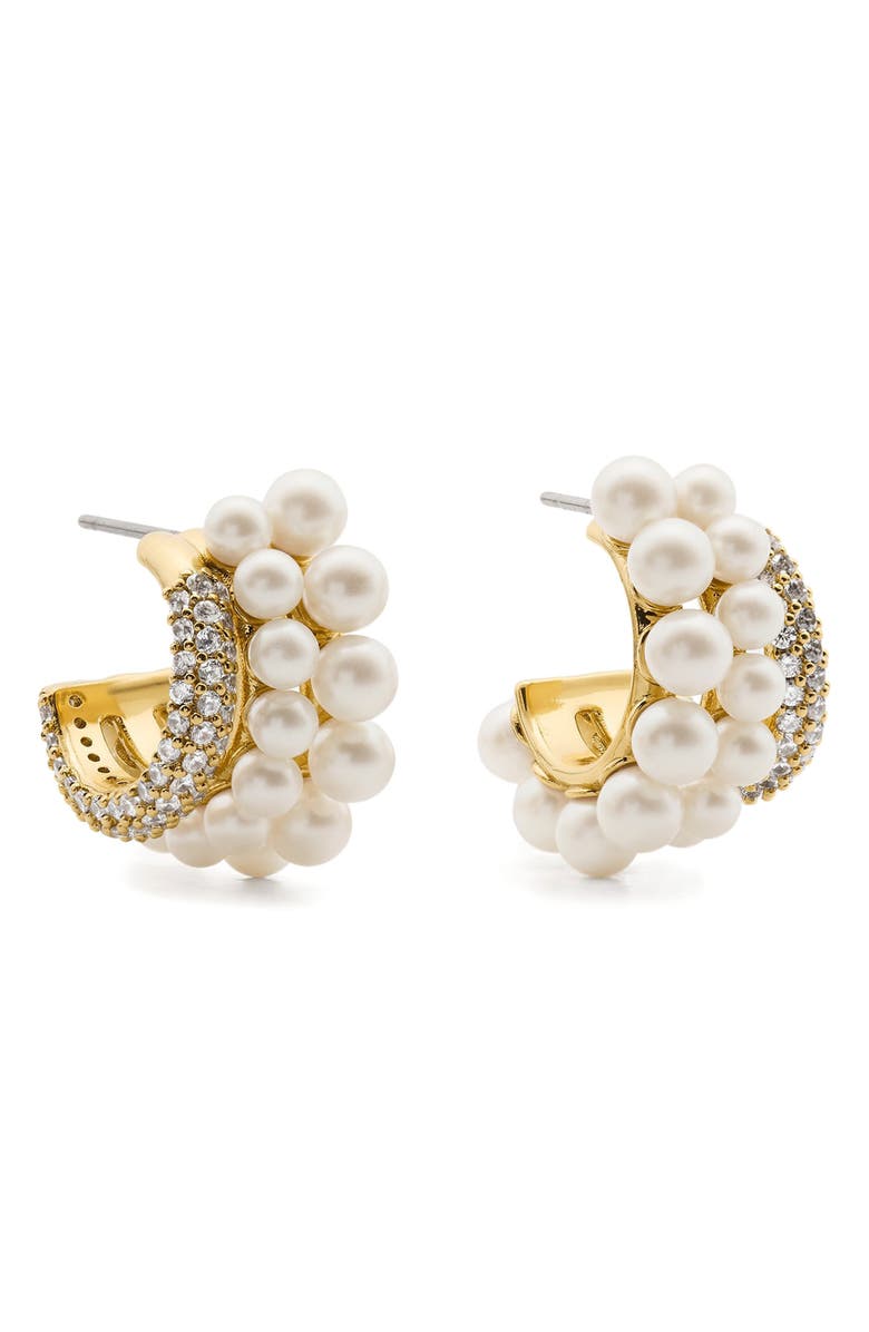 Kate Spade New York faux pearl stacked huggie hoop earrings, Main, color, Cream/ Gold