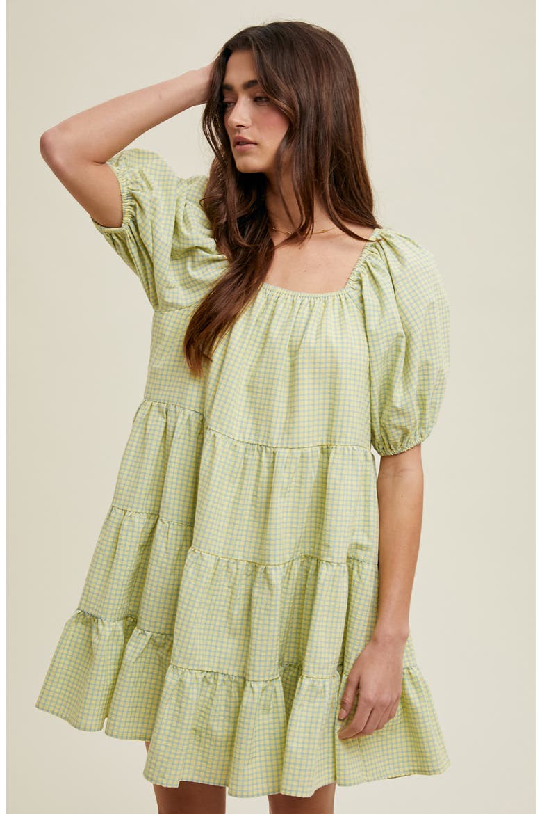 Plaid Puff Sleeve Cotton Blend Tiered Minidress, Alternate, color, DAISY/ BLUE