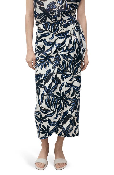 Print Linen Blend Faux Wrap Midi Skirt