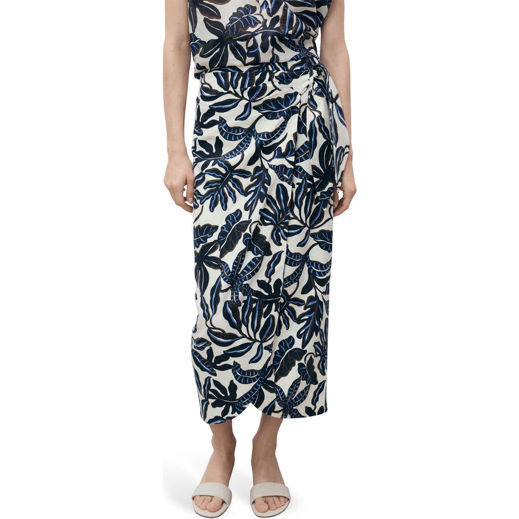 Mango Print Linen Blend Faux Wrap Midi Skirt In Blue