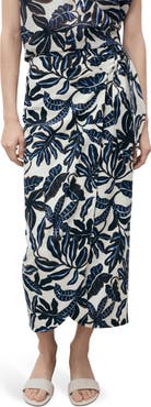 MANGO Print Linen Blend Faux Wrap Midi Skirt
