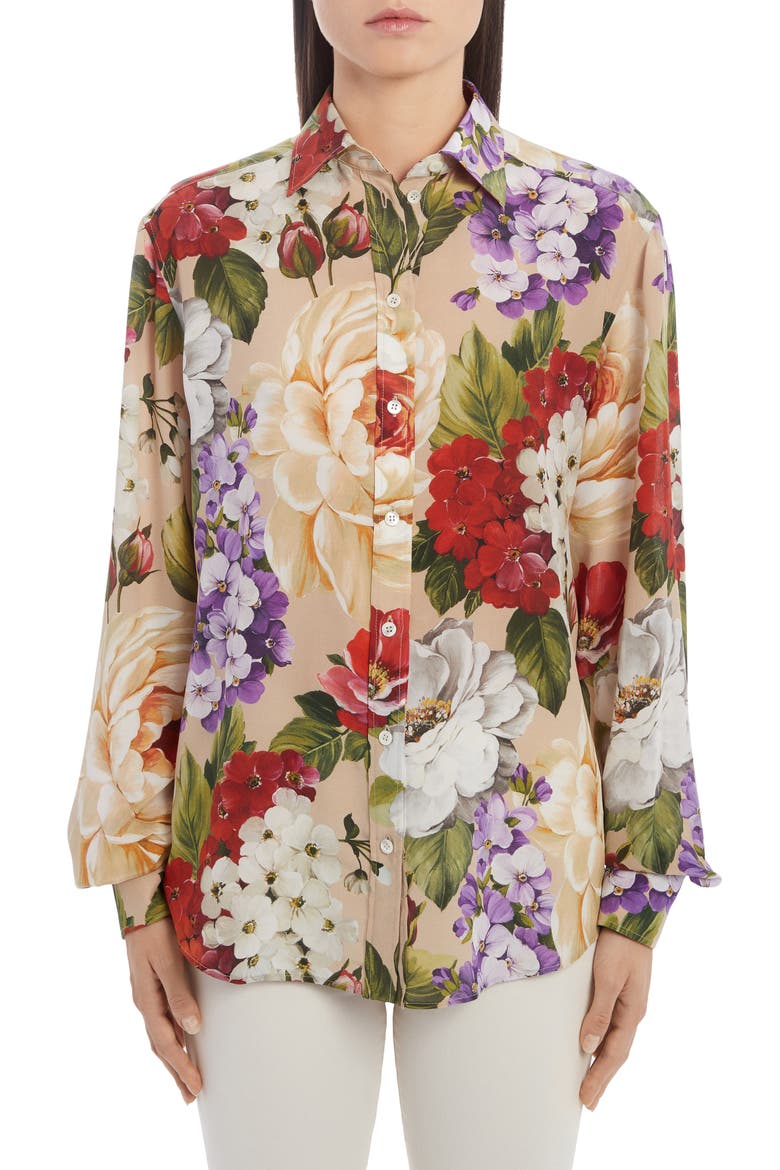 Floral Silk Crepe Shirt, Main, color, TAN FLORAL