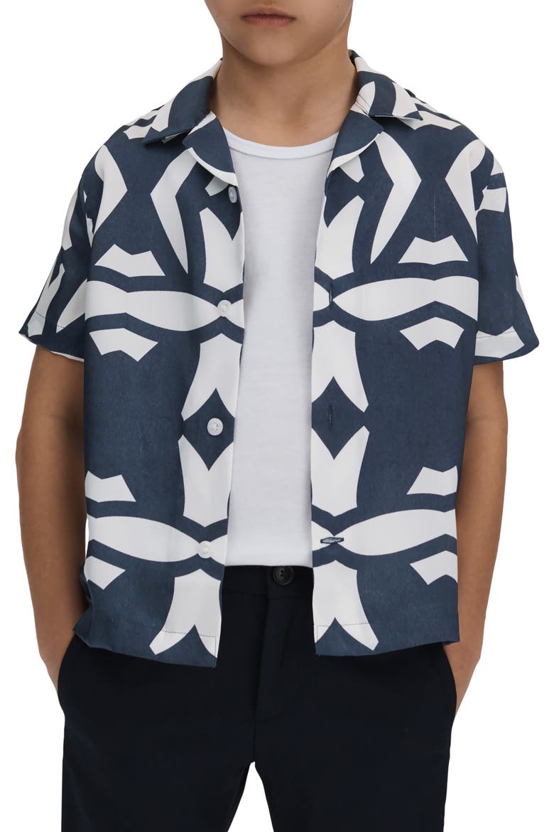 Kids' Purkiss Jr. Geo Print Camp Shirt, Alternate, color, AIR FORCE BLUE/ WHITE