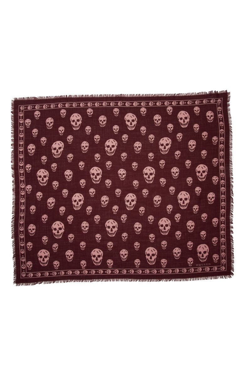 McQueen Skull Print Wool Fringe Scarf, Main, color, Burgundy/ Pink