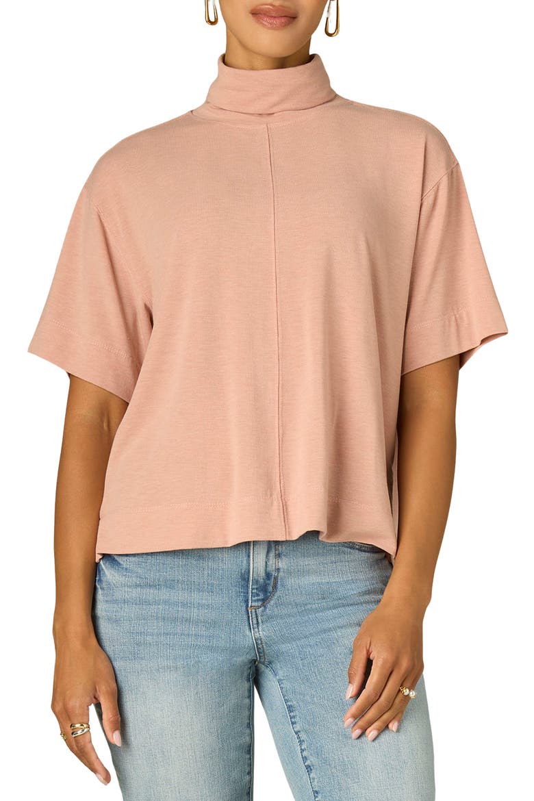 Boxy Elbow Sleeve Turtleneck Top, Main, color, HEATHER ROSE TAN
