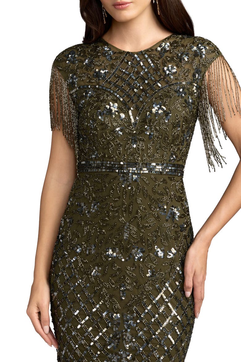 Petite Beaded Fringe High-Neck Fitted Evening Gown, Alternate, color, Olive