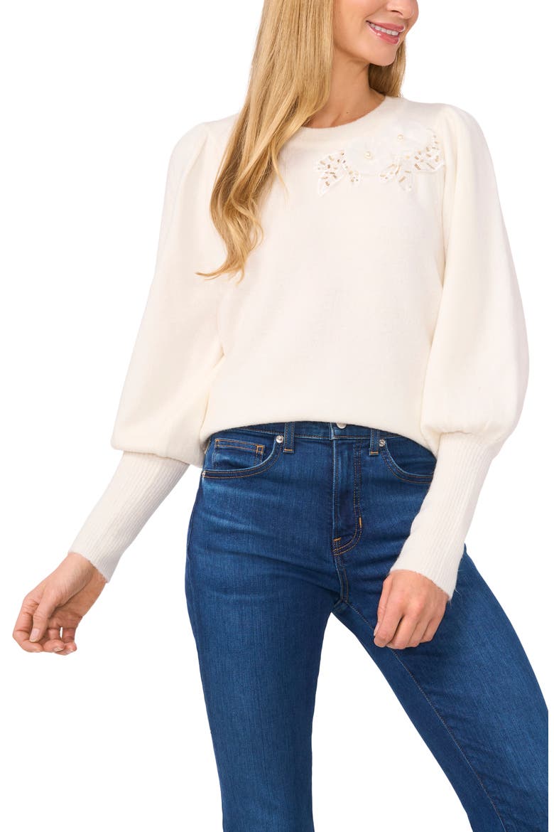 Sequin Floral Appliqué Sweater, Main, color, ANTIQUE WHITE