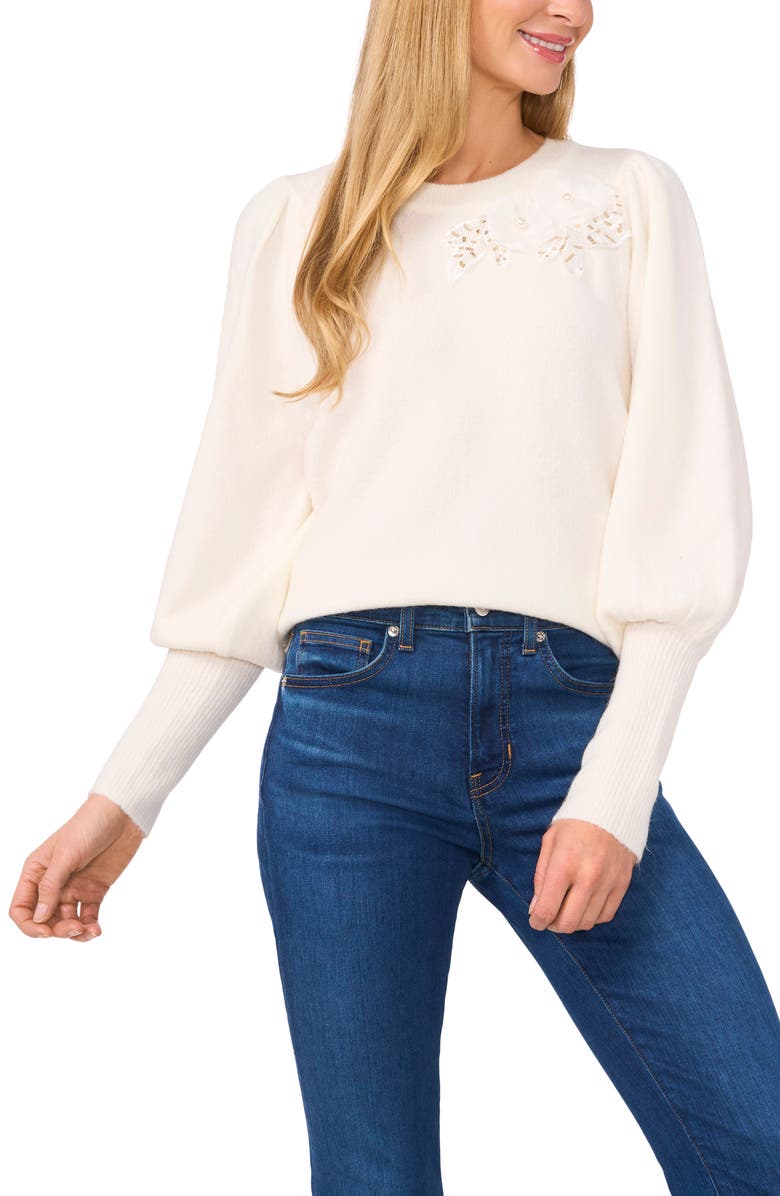 CeCe Sequin Floral Appliqué Sweater, Main, color, 