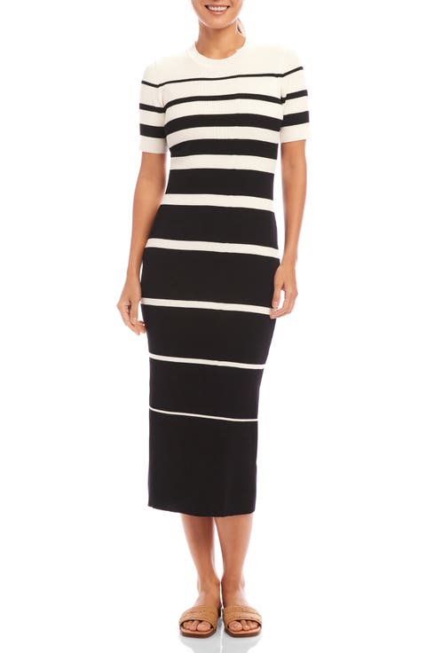 Rib Stripe Short Sleeve Midi Sweater Dress