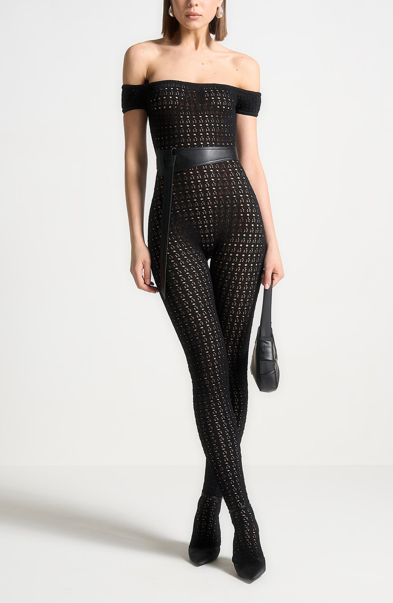 Manière De Voir Martine Pointelle Knit Bardot Jumpsuit with Belt, Alternate, color, Black