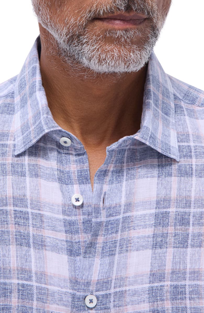 Bugatchi Orson Plaid Short Sleeve Slub Linen Button-Up Shirt, Alternate, color, Steel