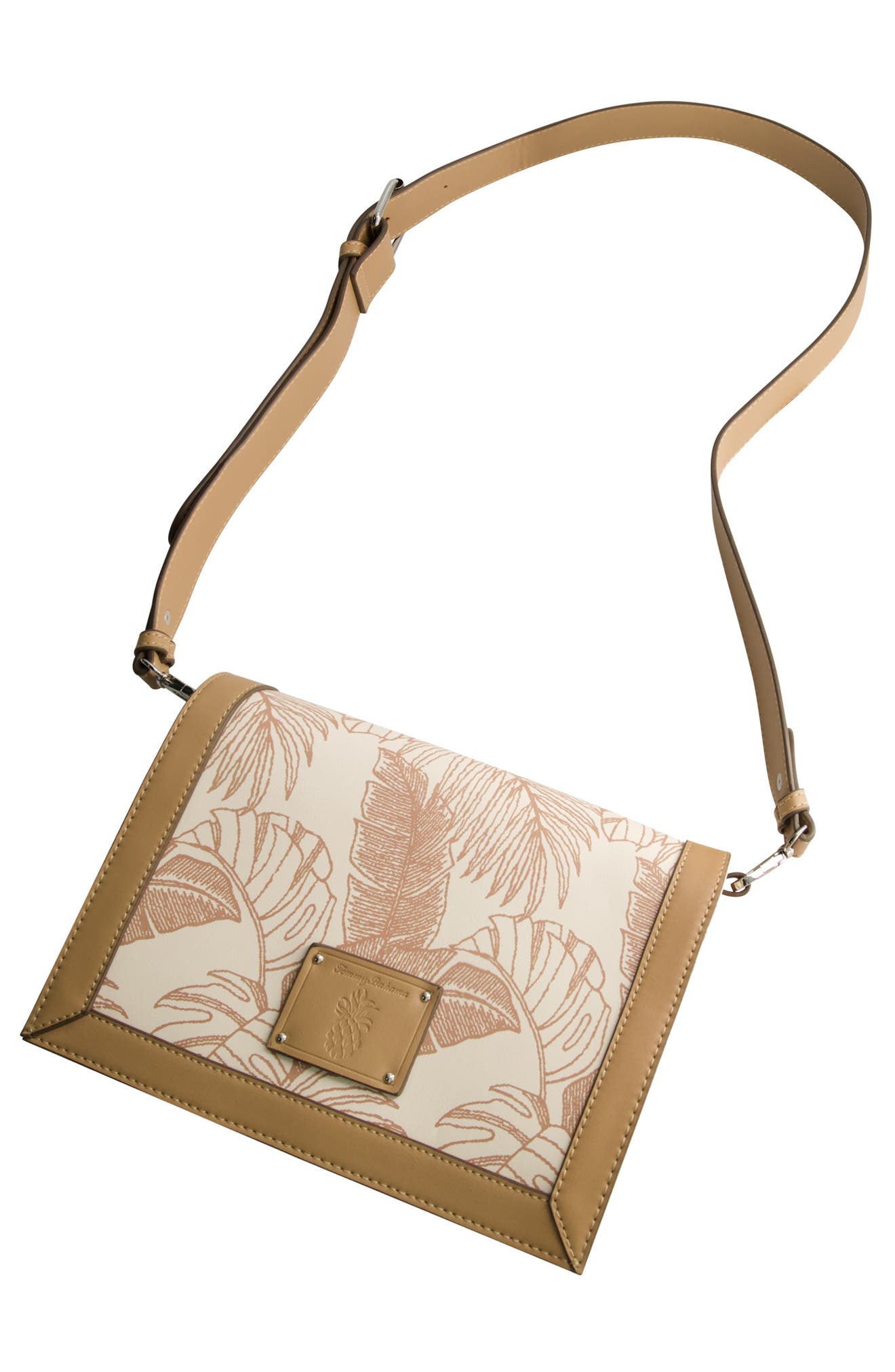 Tommy Bahama Debossed Logo Leaf Print City Crossbody Bag, Alternate, color, Tan