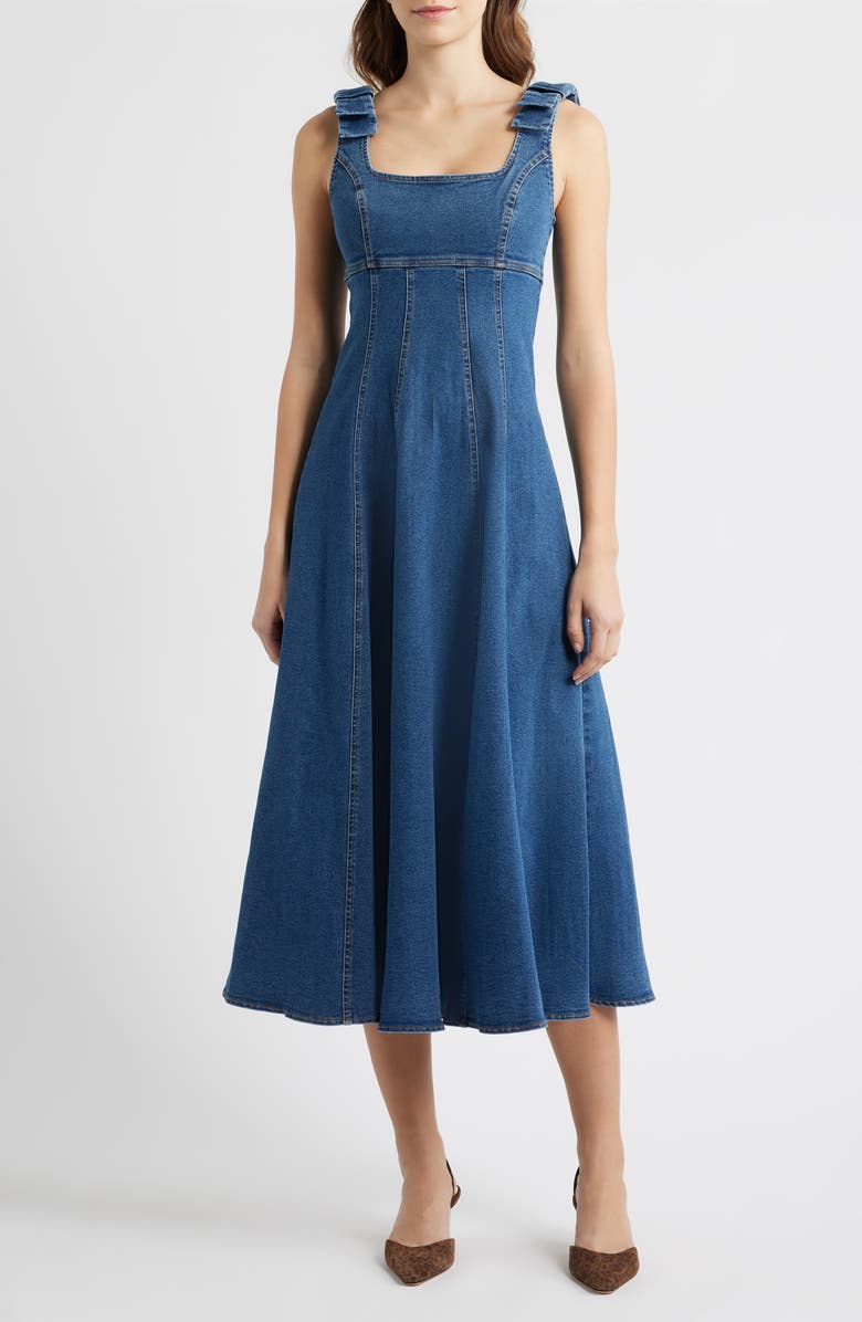 FREEMARKET Empire Waist Cotton Blend Denim Dress, Main, color, Denim