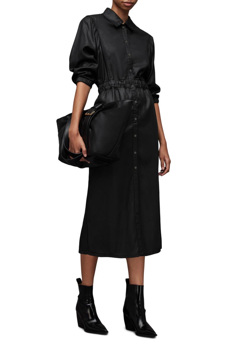 Osa Coated Denim Midi Shirtdress, Alternate, color, BLACK