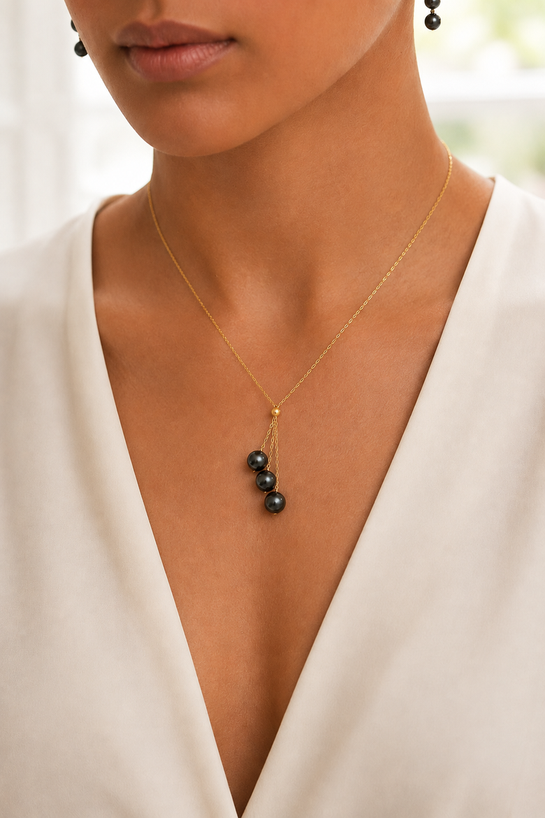 14K Gold Black Japanese Akoya Pearl Tincup Cluster Pendant, Alternate, color, Yellow Gold