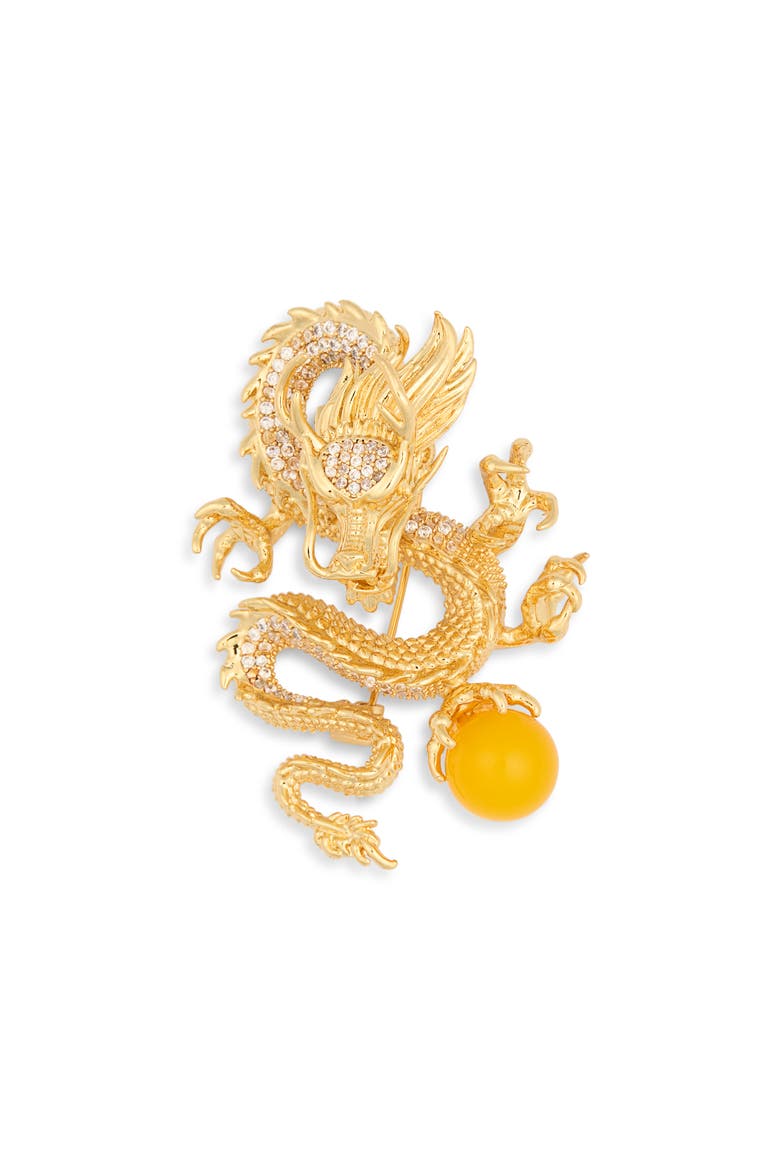 Margot Cubic Zirconia Dragon Brooch, Main, color, GOLD