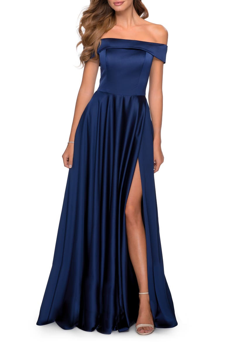 Satin Off the Shoulder Evening Dress with Pockets, Main, color, NAVY