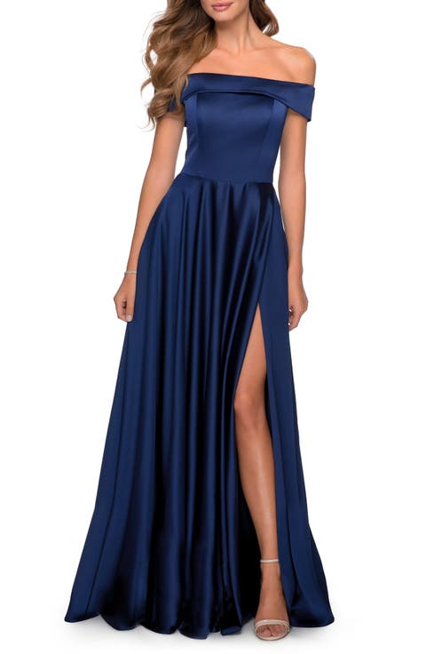 Satin Off the Shoulder Evening Dress with Pockets