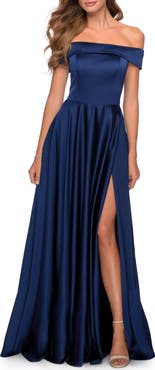 La Femme Satin Off the Shoulder Evening Dress with Pockets