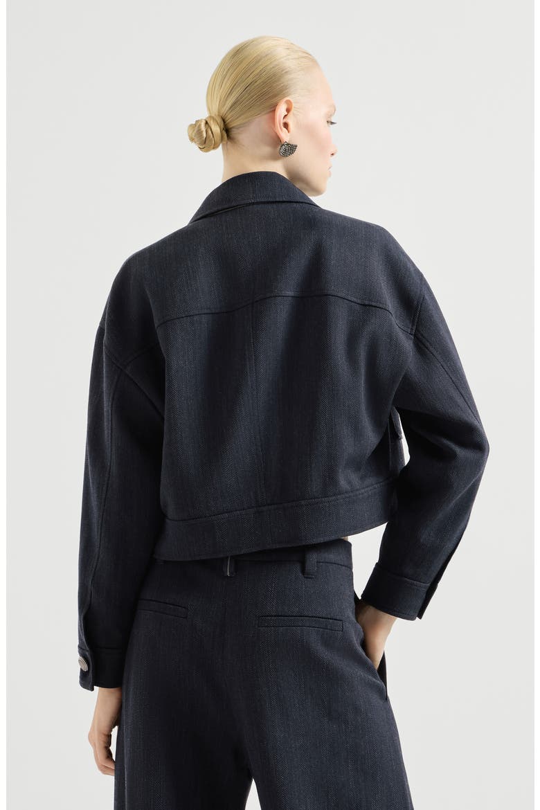 Virgin wool crêpe chevron cropped outerwear jacket with monili, Alternate, color, Navy Blue