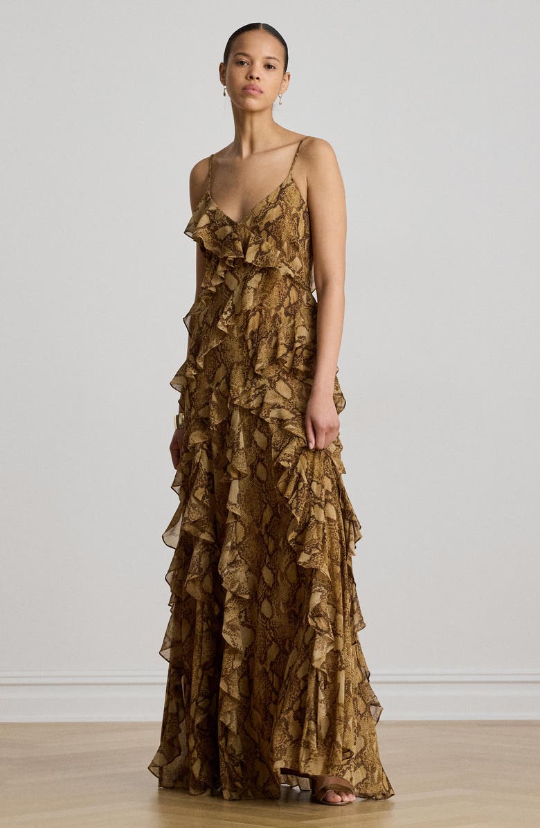 Lauren Ralph Lauren Snakeskin Print Crinkle Georgette Cocktail Dress, Alternate, color, Beige/ Multi