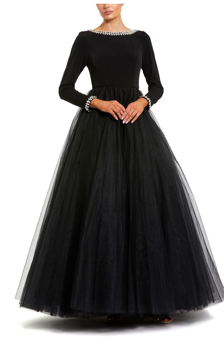 Mac Duggal Embellished Jersey Long Sleeve Ballgown With Tulle Skirt, Main, color, Black