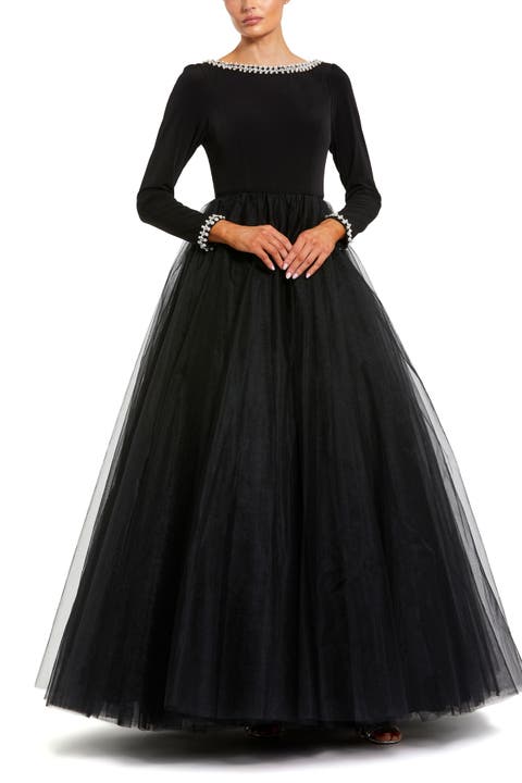 Embellished Jersey Long Sleeve Ballgown With Tulle Skirt