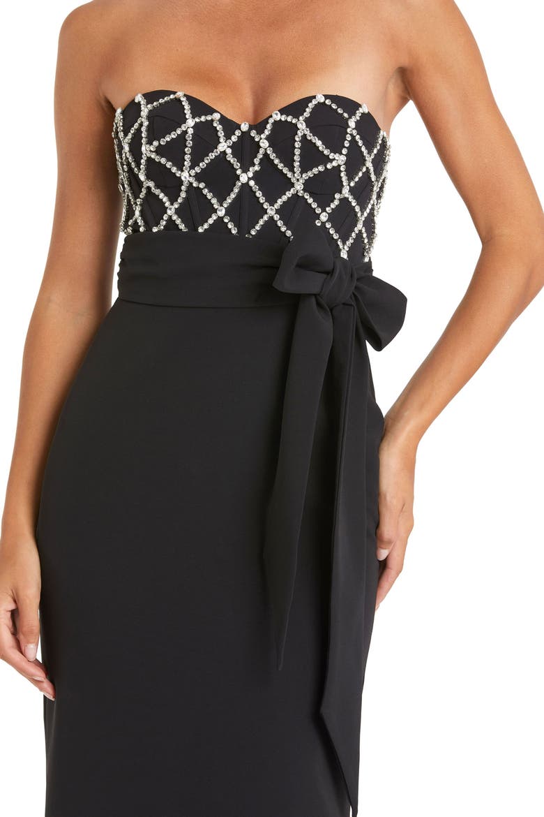 Strapless Crepe Embellished Bustier Gown With Bow, Alternate, color, Black