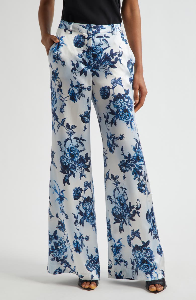 L'AGENCE Pilar Rose Print Wide Leg Silk Pants, Main, color, White/ Blue Painterly Floral