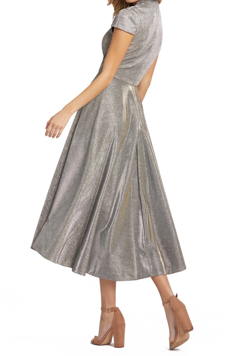 Sparkle Pleated Cap Sleeve Midi Fit & Flare Dress, Alternate, color, SILVER