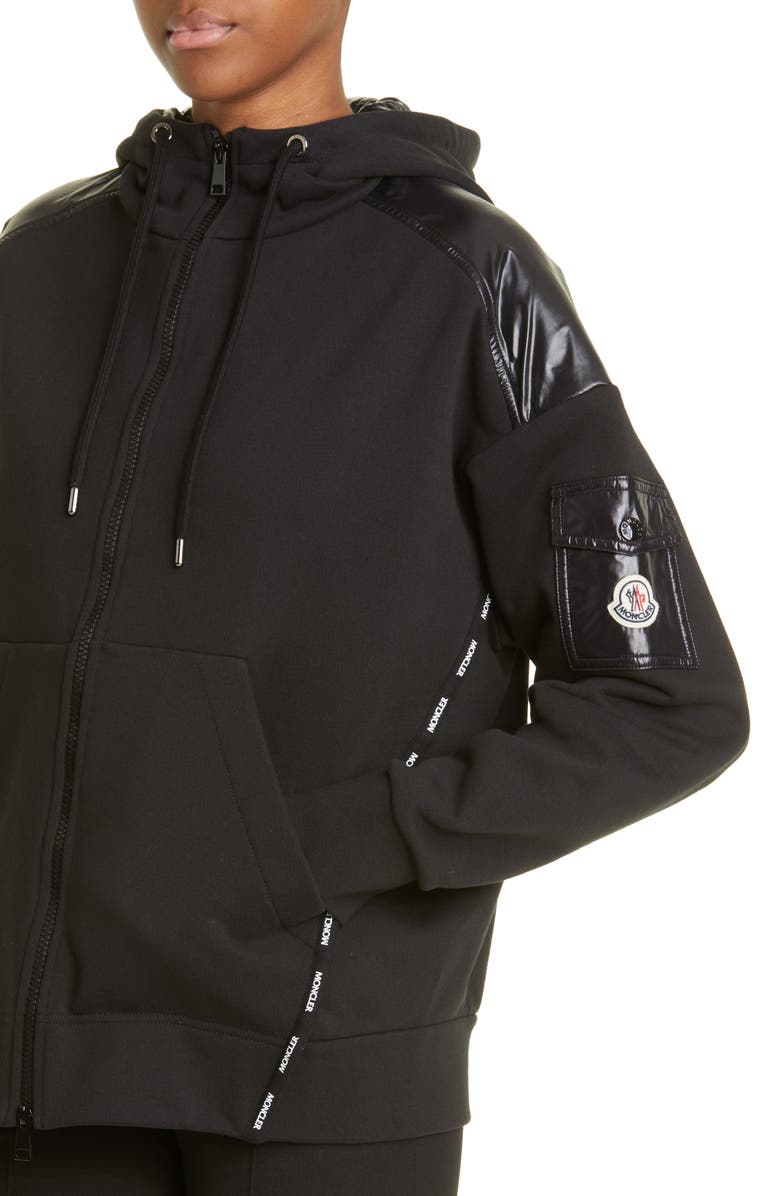 Moncler Logo Tape Mixed Media Zip Hoodie, Alternate, color, 