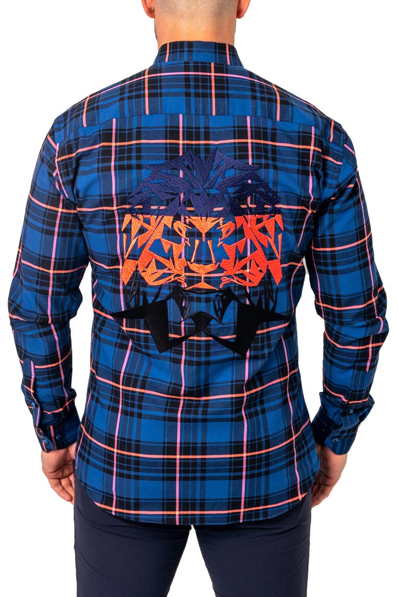Plaid Embroidered Cotton Flannel Button-Up Shirt, Alternate, color, BLUE