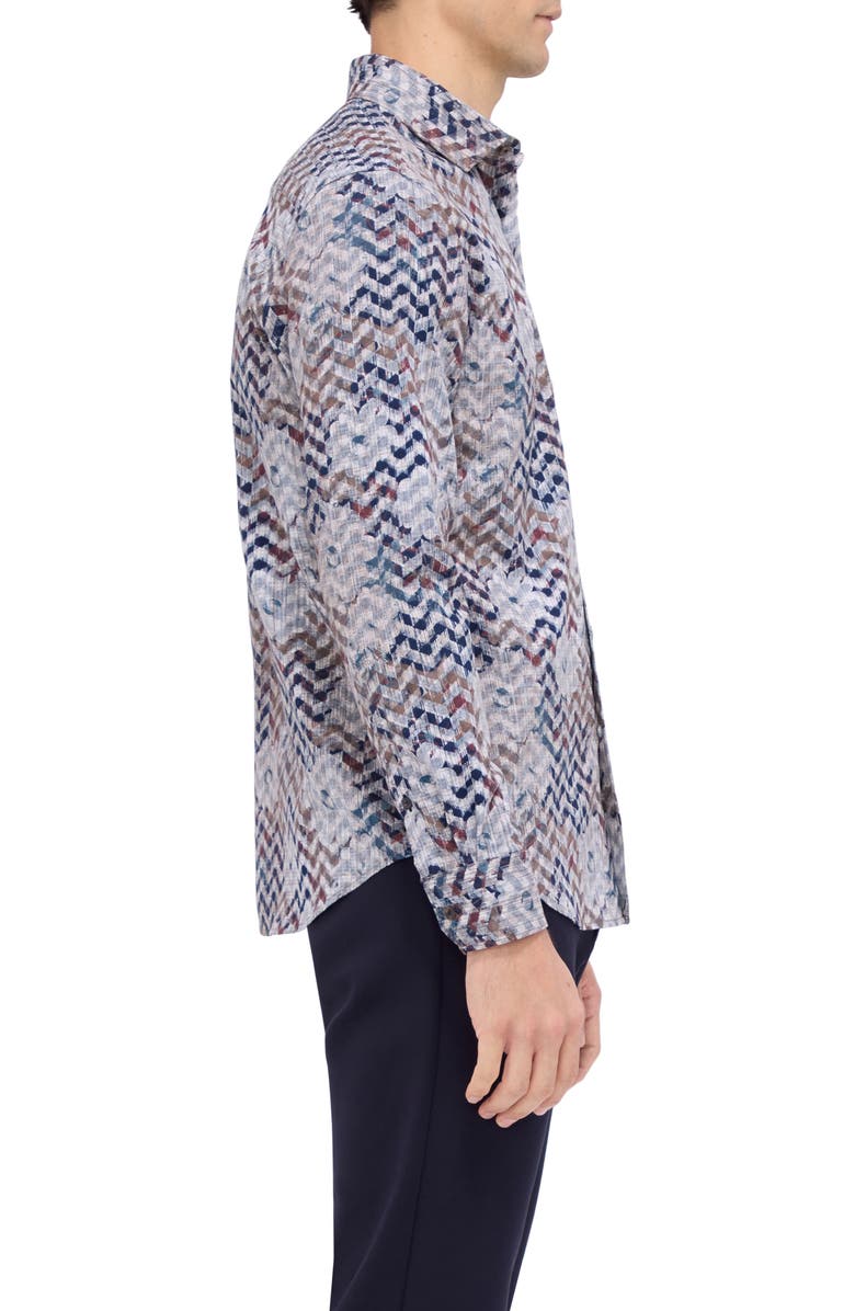 Bugatchi Axel Shaped Fit Floral Chevron Print Stretch Button-Up Shirt, Alternate, color, Caramel