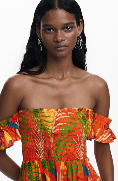 Desigual Tropical Print Off The Shoulder Cover-up Minidress In Orange