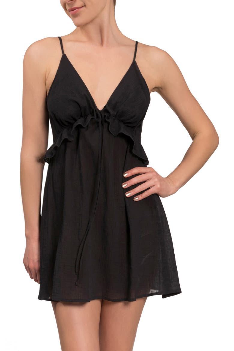 Isabelle Tie-Front Cotton Chemise, Main, color, BLACK