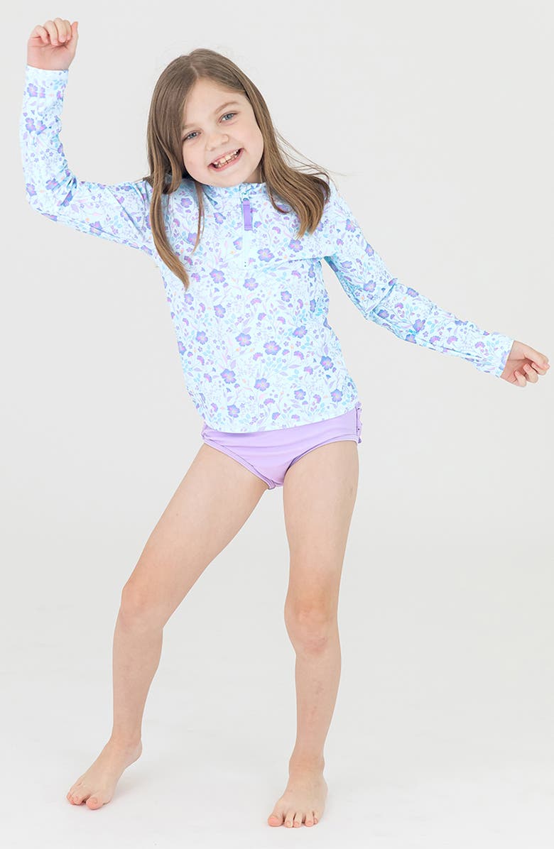 RuffleButts Kids' Fairytale Garden Long Sleeve Two-Piece Rashguard Swimsuit, Alternate, color, Blue